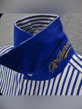 Ralph Lauren White & Navy Striped Dress Tailored Shirt with Crest Sz8